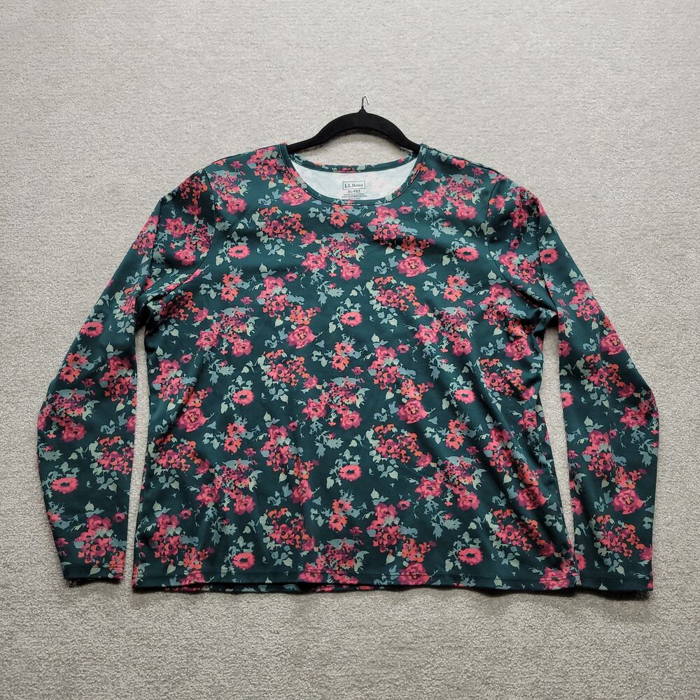 L.L.Bean Women's XL Petite Floral Supima Cotton Long Sleeve Shirt Green Pink